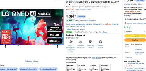 LG 85 inch Class LG QNED AI QNED73B Mini LED 4K Smart TV 2026