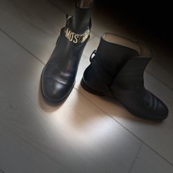 Moschino Black Leather Ankle Booties with Gold Logo Chain