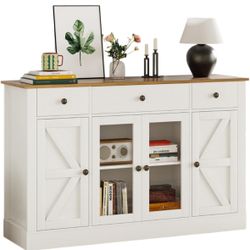 55" Buffet Cabinet with Storage, Farmhouse Coffee Bar Cabinet with Glass Doors and Drawers