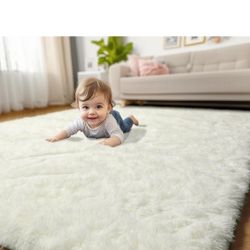 Amdrebio Ivory Rugs for Living Room Bedroom, 6x9 Soft Fluffy Area Rug for Kids Nursery, Furry Fuzzy Plush Shaggy Cream White Carpet for Classroom Play