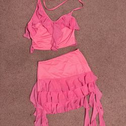 New small pink short stretchy skirt top outfit rave festival set crop halter 