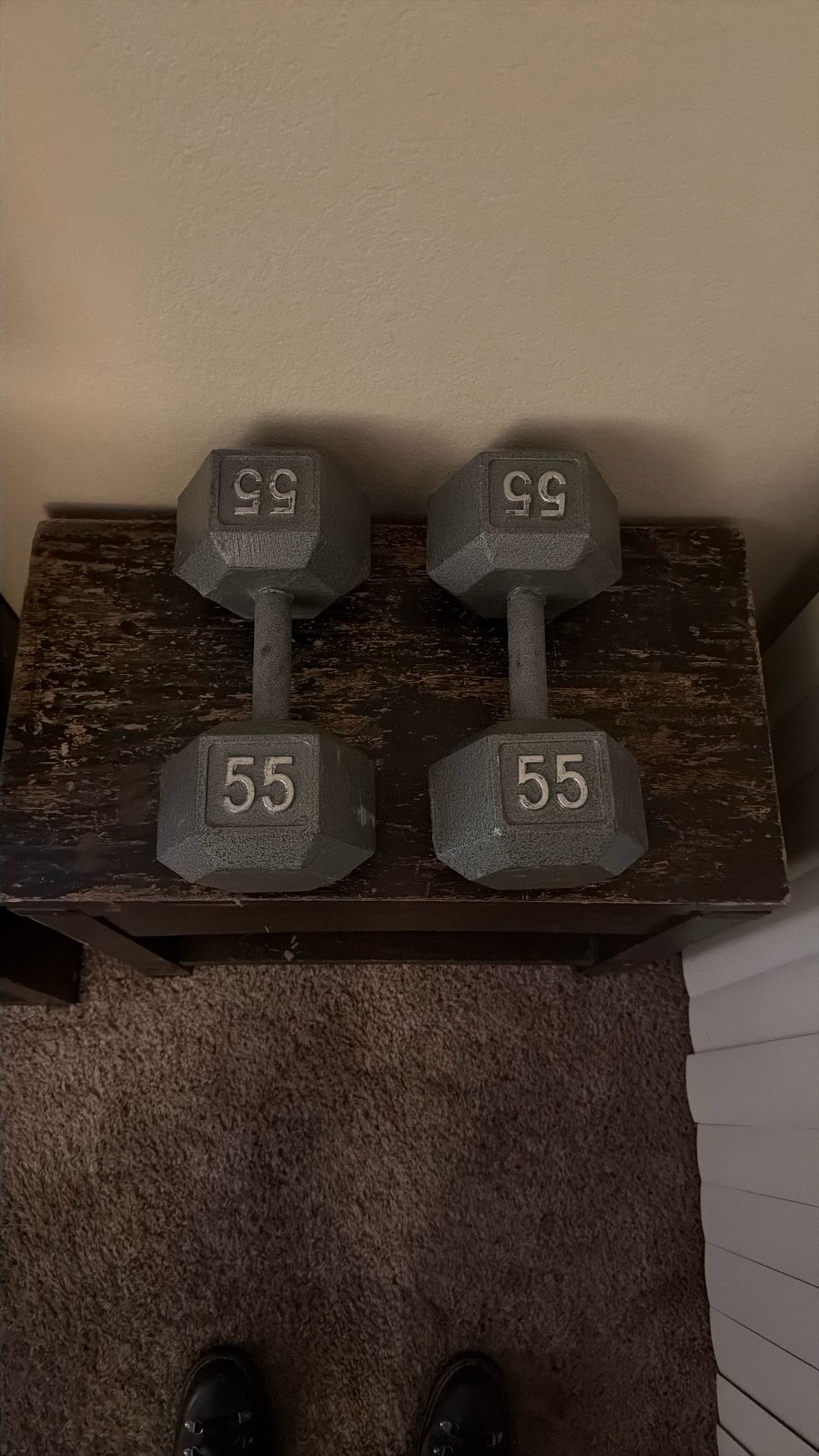 TWO 55 POUND DUMBBELLS