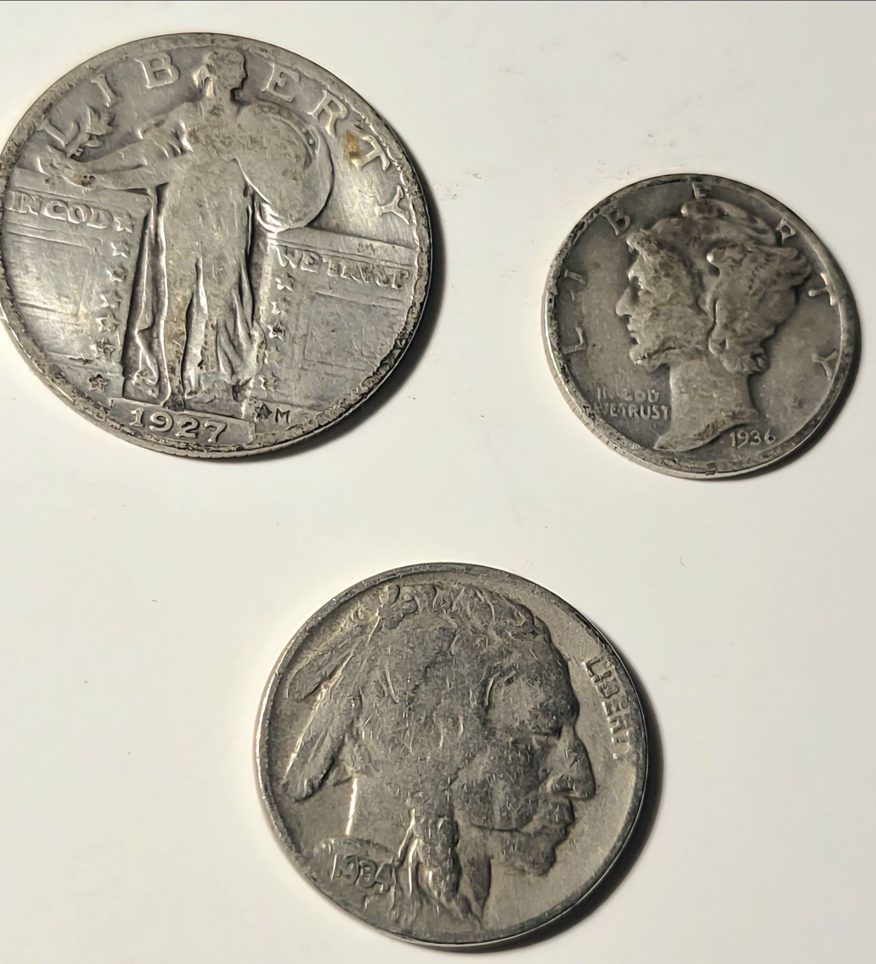 Vintage USA Coins. (1927-P Standing Liberty Quarter, 1936-P Mercury Dime & 1934-D Buffalo Nickel