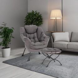 Lazy Chair with Ottoman, Comfy Accent Reading Chair, Dark Grey Foldable Footrest,Removable Cover,with Armrests and Side Pockets,Upholstered Lounge Cha