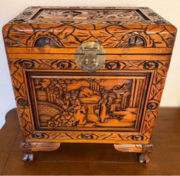 Vintage Asian Hand Carved Wooden Chest Box Storage