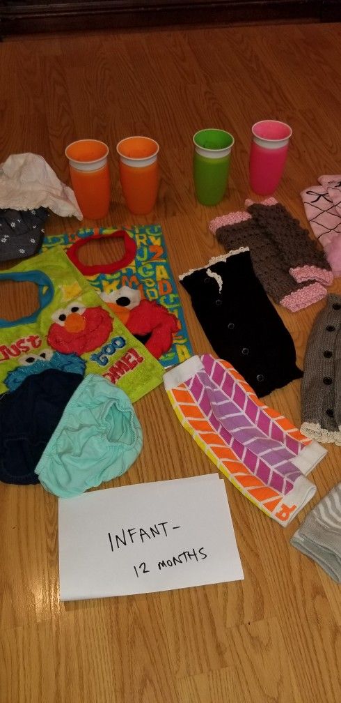 Cute Random Baby Stuff: Diaper Bag, Leg Warmers, Bibs, Sippy cups