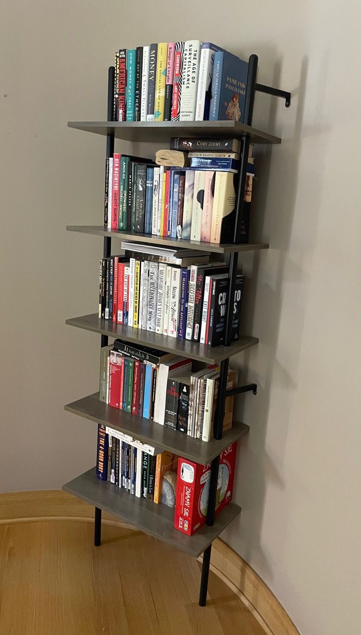70" Ladder Shelf 5 Tier Wall Mounted Bookshelf Bookcase Grey + Black - $150