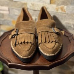 Woman’s Franco Sarto Sz 10M Darius Brown Suede Leather Fringe Loafers Lug Sole. Excellent condition! 