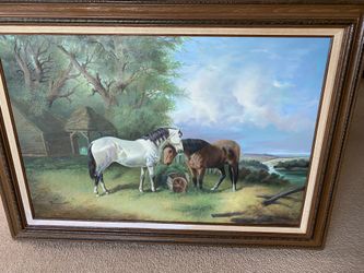 Large Signed Horse Painting 43.5” X 32”