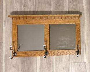 Mission-Style Amish Oak Wall Mirror w/ Hooks 🪵✨ Handcrafted