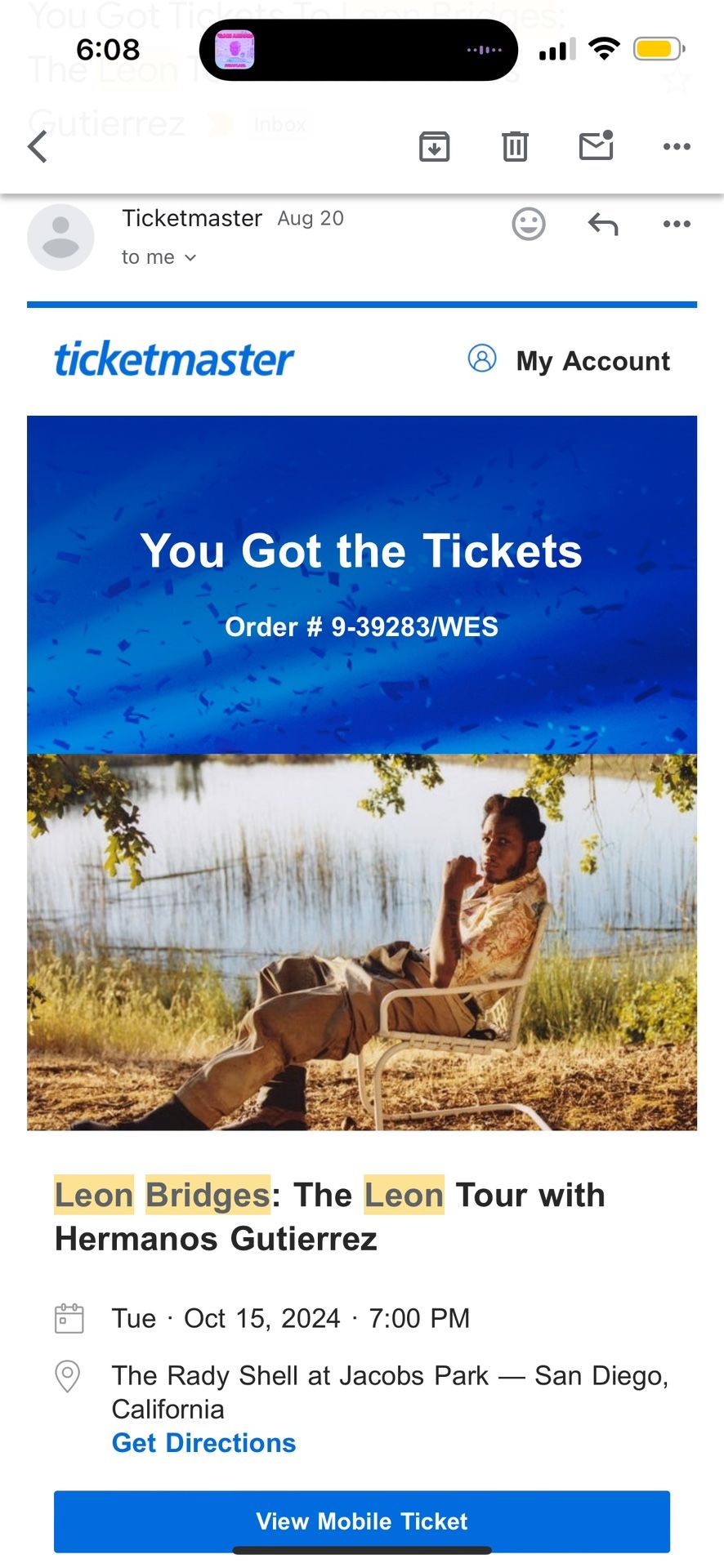 3 Tickets To Leon Bridges & Hermanos Gutierrez Rady Shell San Diego