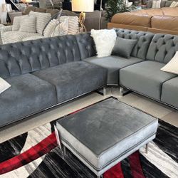 Contemporary Gray Velvet Oversized Sectional Couch 