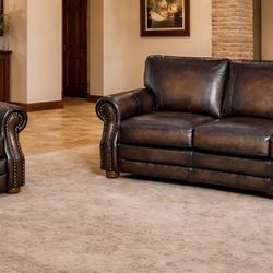 100% TOP GRAIN LEATHER - CONVERSATION SOFA & CHAIR - LIKE NEW