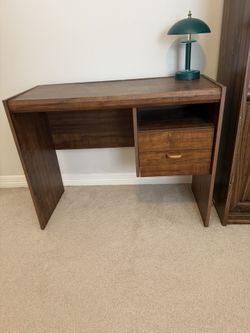 Great Looking Student Desk, One Owner Good Condition, Good Walnut Card Board Wood, 36 Inch Wide, 29 Inch High, 17 Inch Deep 
