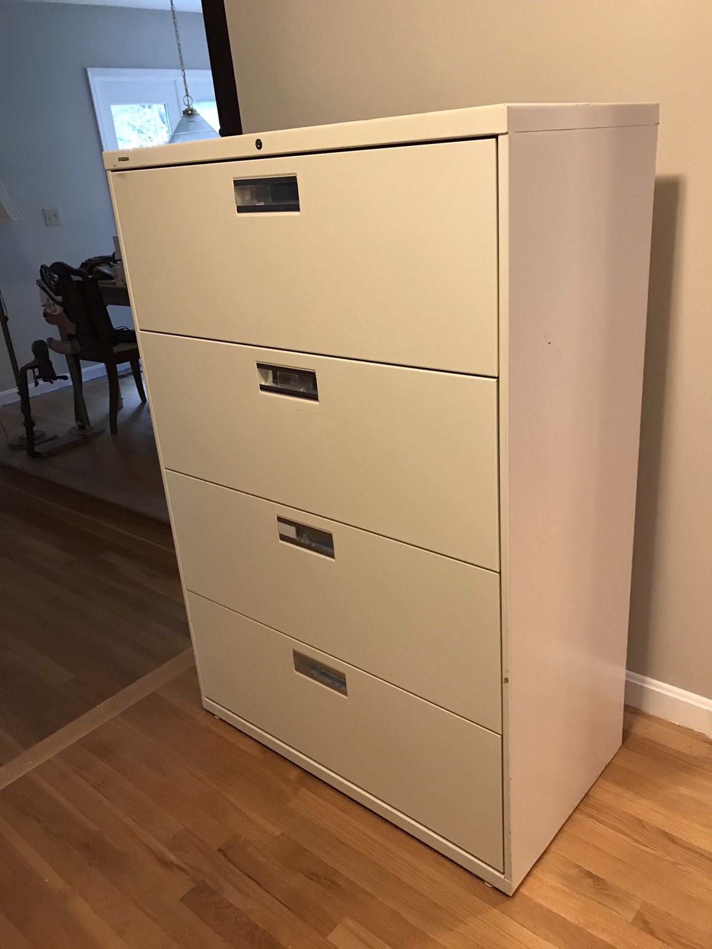 Four drawer lateral file cabinet 36x53x20 deep. Used. Two units, One has key and can be locked.