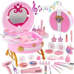 Toys for Girls,Kids Makeup Kit for Girl,Toddler Vanity Makeup Set with Lights,Sound,Kids Toys Princess Pretend Play Washable Make Up Toy,Christmas Bir