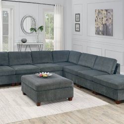 Brand New Super Plush Grey Chenille Modular Sectional Sofa w Ottoman 