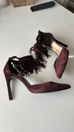 Stuart Weitzman Fringelica Ankle Strap Heels | Size 8.5 | Burgundy Suede