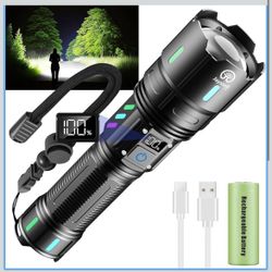 🌼 Rechargeable Flashlights High Lumens, 20000 Lumen Flashlight High Powered 5000 mAh Battery with LCD Display, 5 Light Modes, Zoomable, IP67 Waterpro