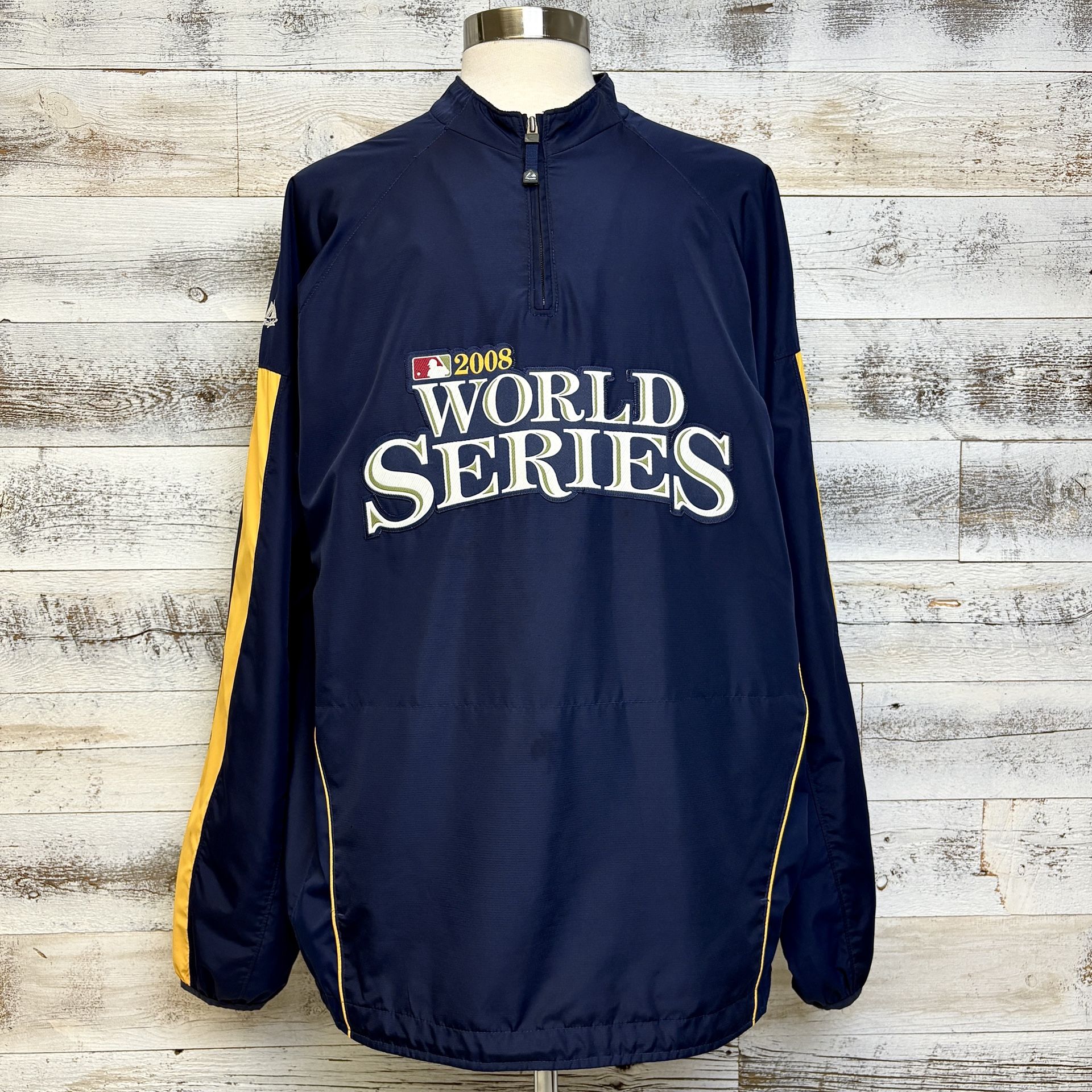 2008 World Series Majestic Cool Base Jacket Size 2XL Blue 1/4 Zip Pullover Rare