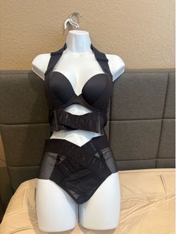Honey Birdette Black Logo Harness 2-Piece Lingerie Set Bra 32D XS