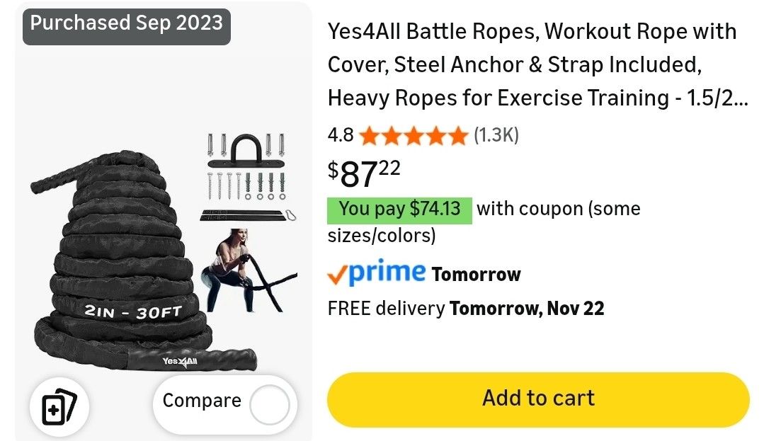 Yes4All Battle Rope - 30ft × 2in thick- Heavy Duty