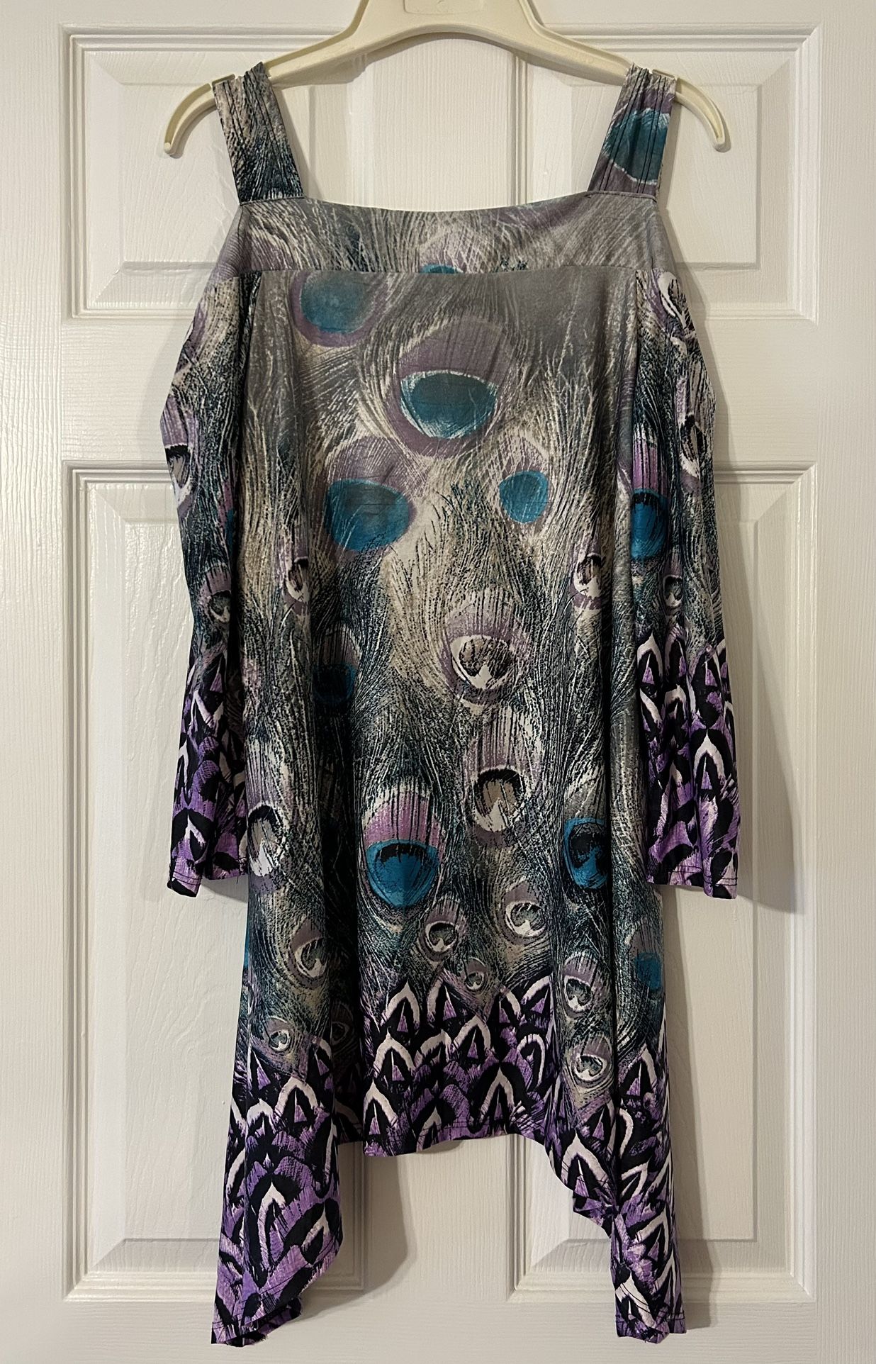 Come N See Colorful Tunic Top 3/4 Sleeve Open Shoulder Soft Silky Slinky Purple Teal Gray White Black Flared Size Medium