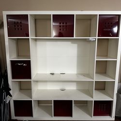 Entertainment Center with Red Storage Bins – $75 OBO