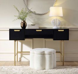 47.6”Inch Fluted Computer Writing Desk with Drawers for Home Office, Black and Gold Vanity Desk, Modern Simple Makeup Desk for Bedroom