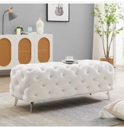 New Luxury Button Tufted Ottoman Footstool, Upholstered Velvet Footstool with Metal Legs, Accent Bench, Tufted Bench for Living Room