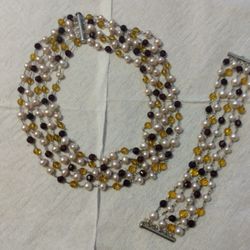 Pearl, Amber And Garnet Crystal Sterling Silver  Four Strand Necklace And Bracelet