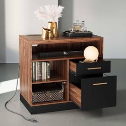 2 Drawer Wood File Cabinet, Filing Cabinet for Home Office with Lock, Power Strip, Storage Shelves, Lateral File Cabinet Fits Letter/A4 Size, Black Wa