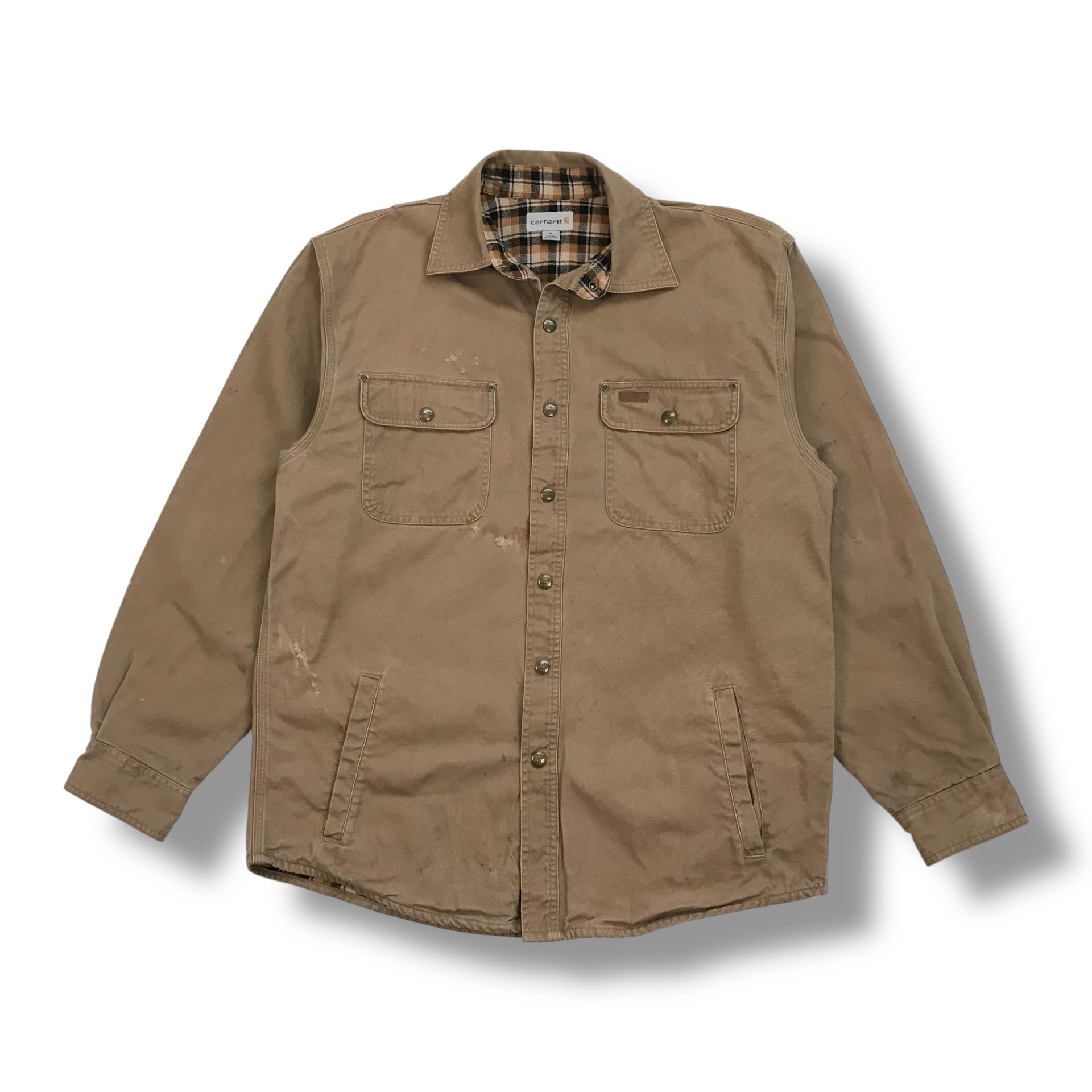 Carhartt S96 Snap Shirt Jacket Medium M Mens Beige Canvas Flannel Lined Shacket