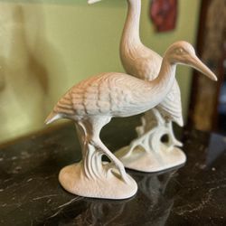 tage Heron Bird Sculpted Figurines in White Ceramic Set of 2 