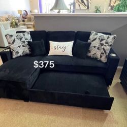 Black Sectional Sofa Sleeper, Pull- Out Bed, Storage, Cupholders & USB Ports 