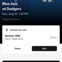 2 Tickets for Dodgers Vs Blue Jays 8/10