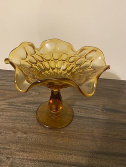 Vintage Fenton Amber Gold Cut Glass Thumbprint Ruffled Candy Dish