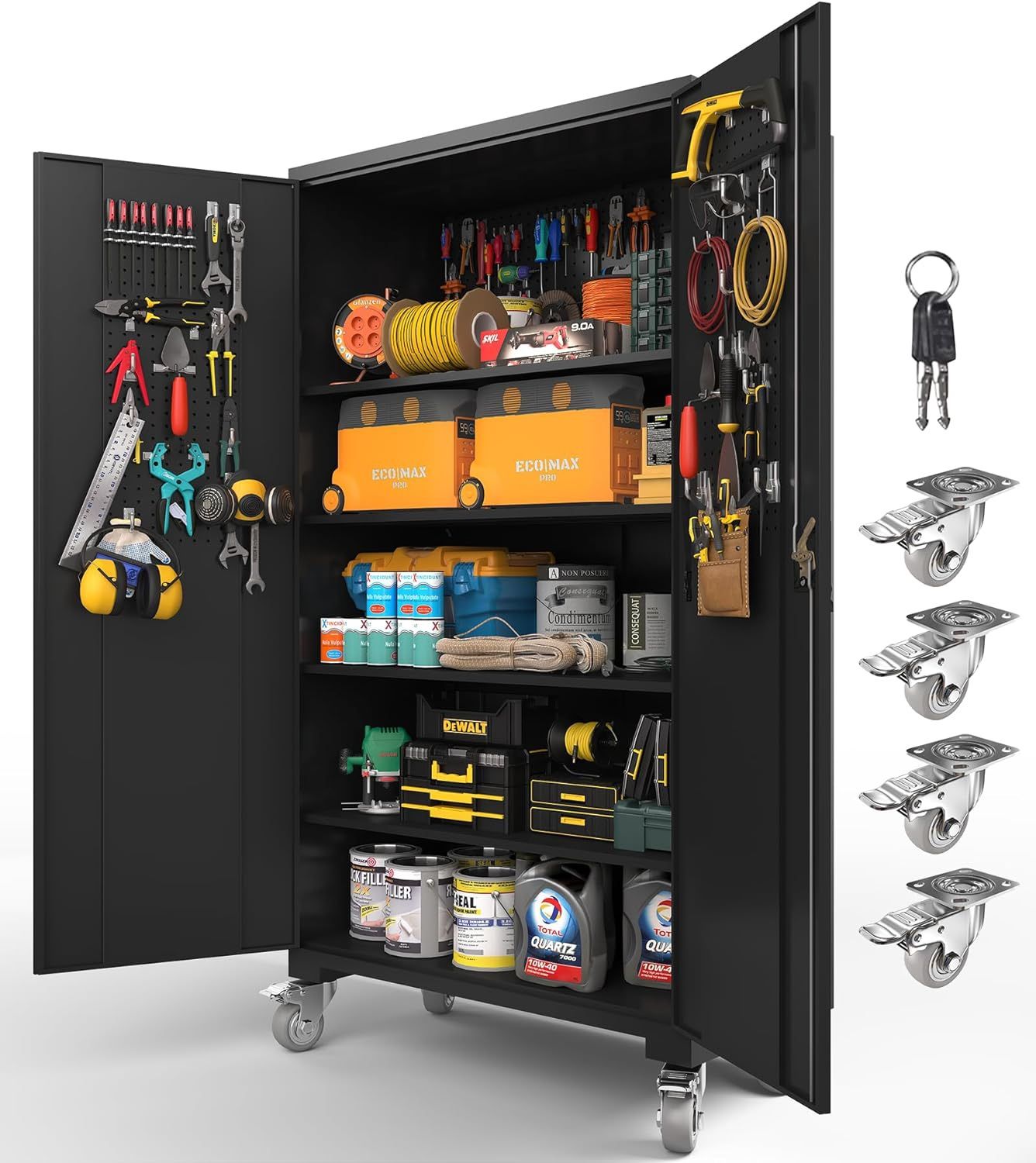 Tall & Wide Metal Storage Cabinet with Doors & 4 Adjustable Shelves | Heavy-Duty Black Lockable Garage Cabinet with Wheels & Pegboard for Office, Gym,