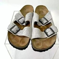 Birkenstocks Women's Silver Shiny Metallic tone T-Strap Sandals Footbed Slide 7