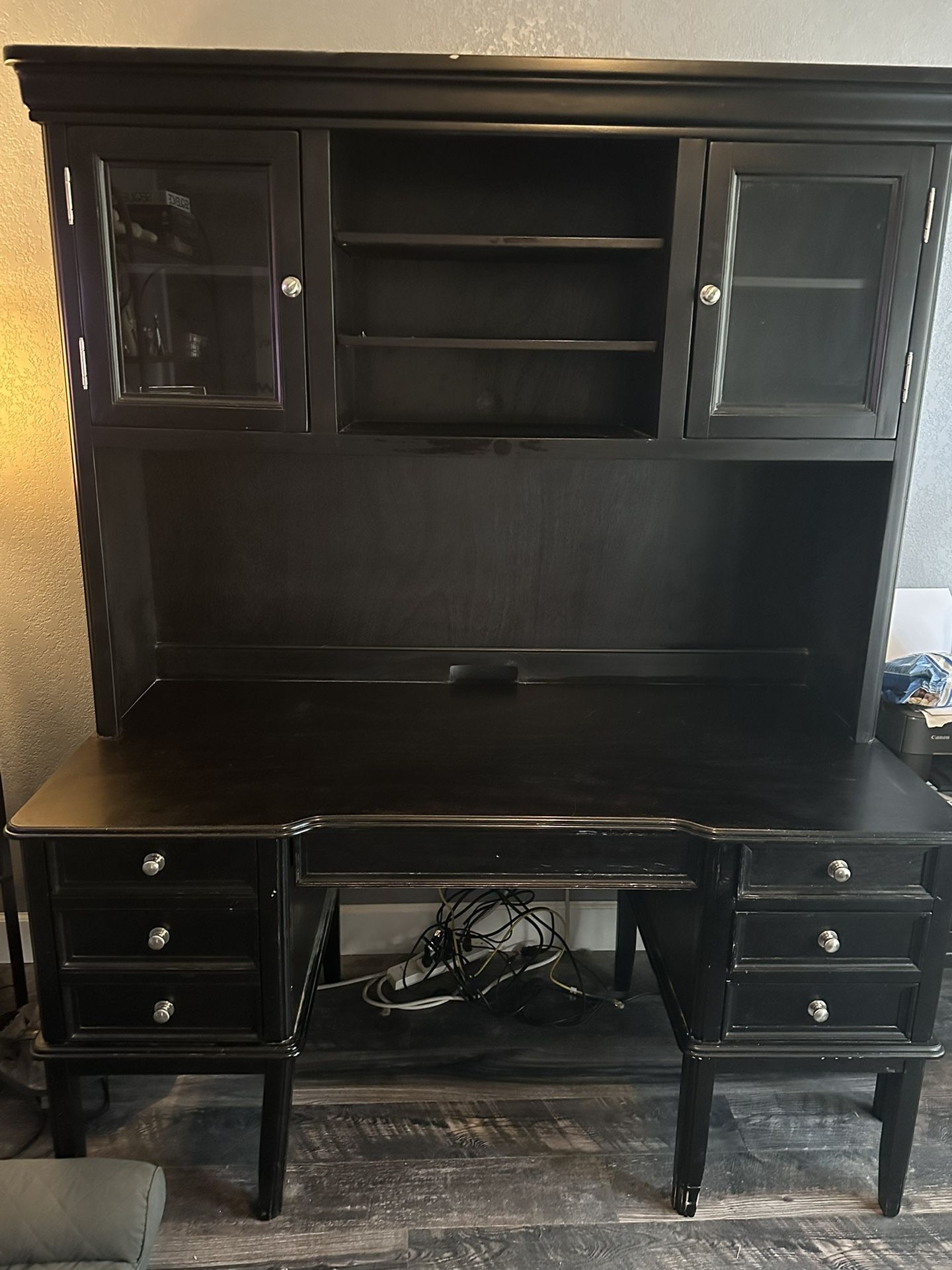 Heavy Black Wood Desk With Hutch