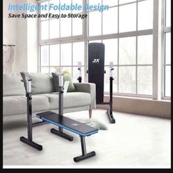 Weight Bench with Barbell Rack Folding, Weight Lifting Bench with Dip Station for Home Gym, Strength Training Multiuse Workout Bench