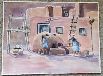 Unframed Southwest Women In Adobe Village  Watercolor Painting 