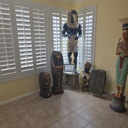 Egyptian Statement Statue, Bust, Tablet–2 Sarcophagus (5Piece Bundle)