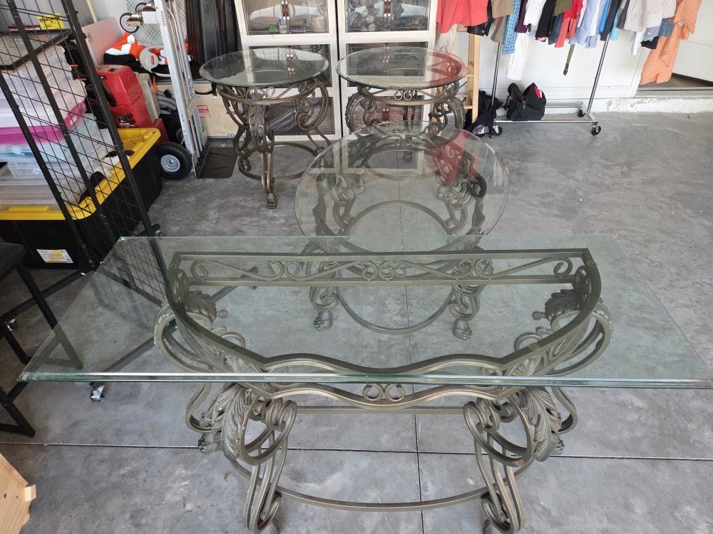 4 Glass Top Tables: Coffee Table, 2 End Tables And Entryway/Sofa Table