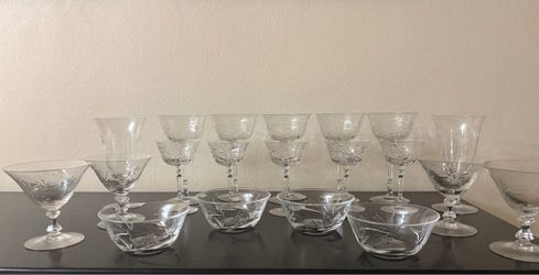 Etched Crystal Stemware and Bowl Set