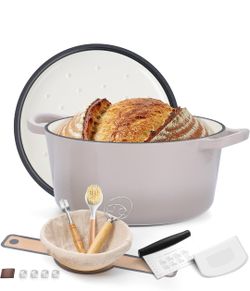 E-far Enameled Dutch Oven Pot for Bread Baking, 6QT Enameled Cast Iron Cookware with Self-Basting Lid & Sourdough Bread Baking Supplies, Heavy Duty Ca