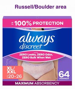 Always Discreet Adult Diapers for Women, disposable Underwear, Max Absorbency, XL/XXL, 64ct