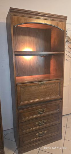 Priced to Move ASAP! Vintage Burlington Solid Oak Lighted Secretary Desk & Hutch OBO