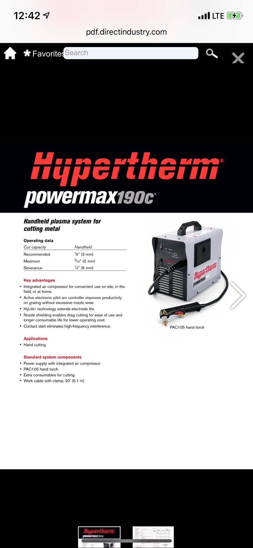 Hypertherm plasma cutter 190c with built in compressor