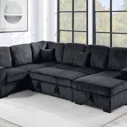 New Corduroy Sectional With Storage.  Grey / Black.  92x120x61x36H.  Free Delivery!